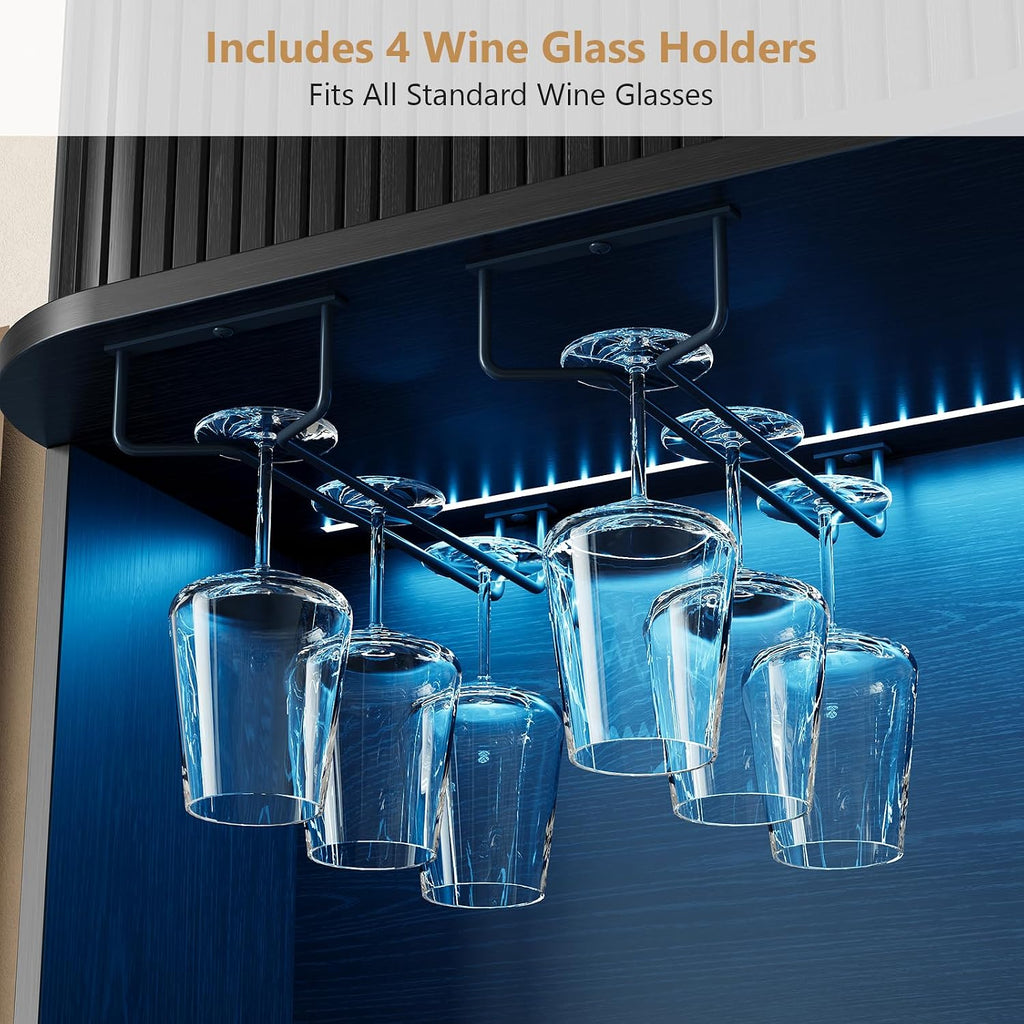 71" Tall Fluted Wine Bar Cabinet with Storage Black | Liquor Cabinet, Coffee Bar Cabinet, Large Home Bar, with LED