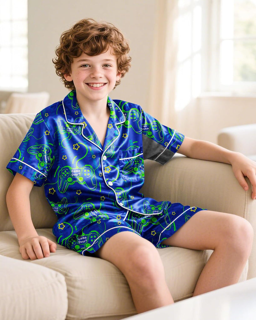 Boys Pajamas Boys Satin Pajamas Set Summer Short Sleeve Button-Down & Shorts Pjs Kids Boy Silky Pajama