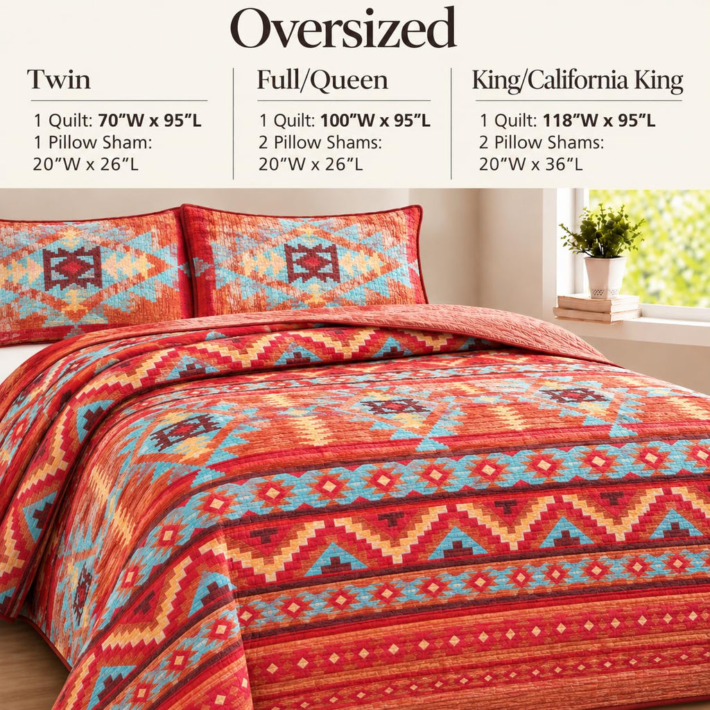 Rustic Western Southwestern Native American Indian Tribal Navajo Quilted Bedspread Set in Turquoise Red Burgundy