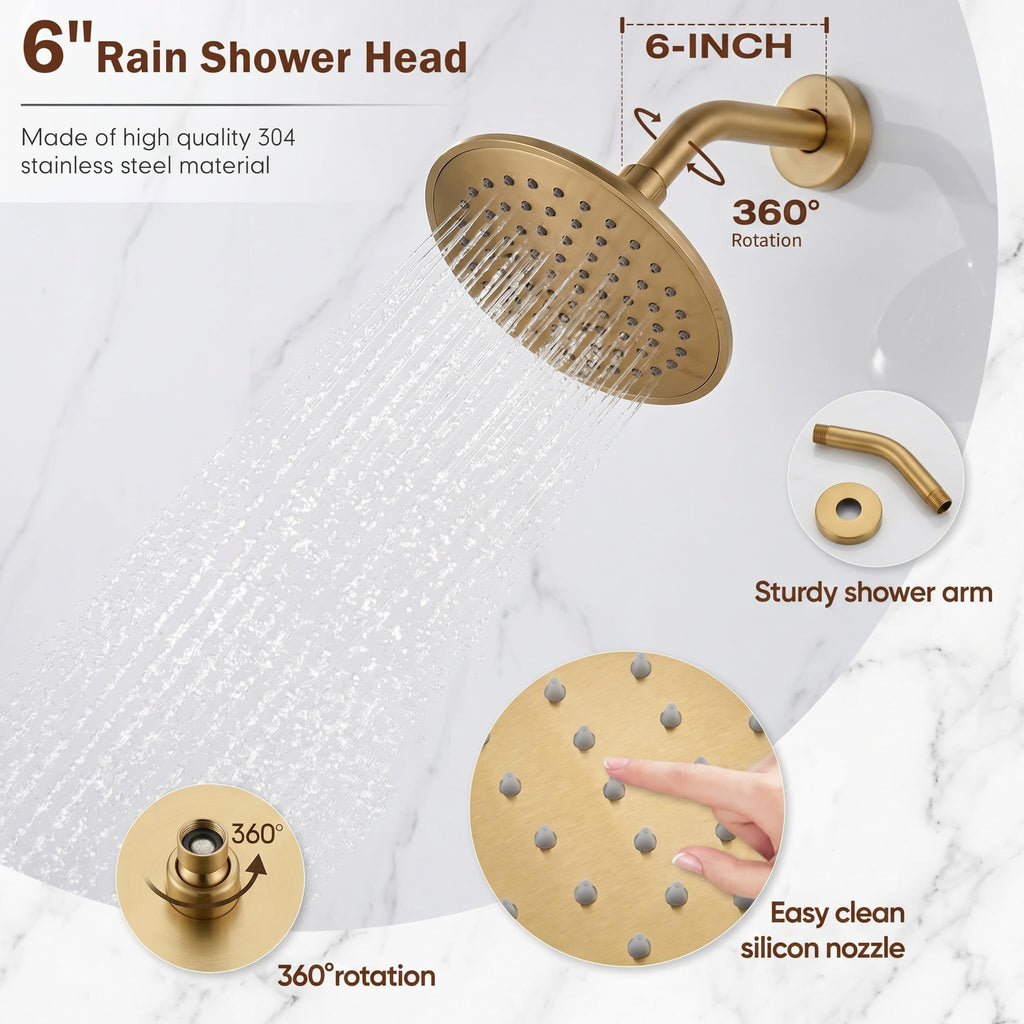 Brushed Gold Shower Tub Faucet Set, 6-Inch Gold Shower Head and Handle Set,Shower Tub Trim Kit,Gold Shower Faucet Set