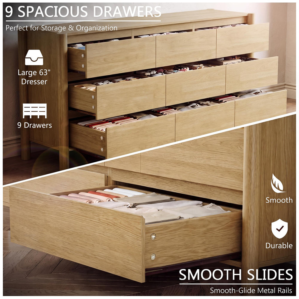 Oak Dresser, 63" Wide 9 Drawer Mid Century Modern Chest