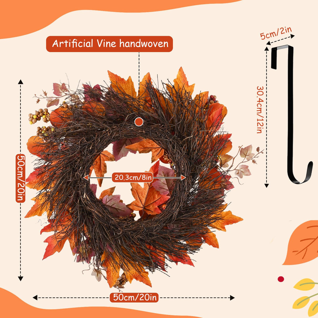 20 lnch Artificial Fall Wreath for Front Door Autumn Wreath with Hanger