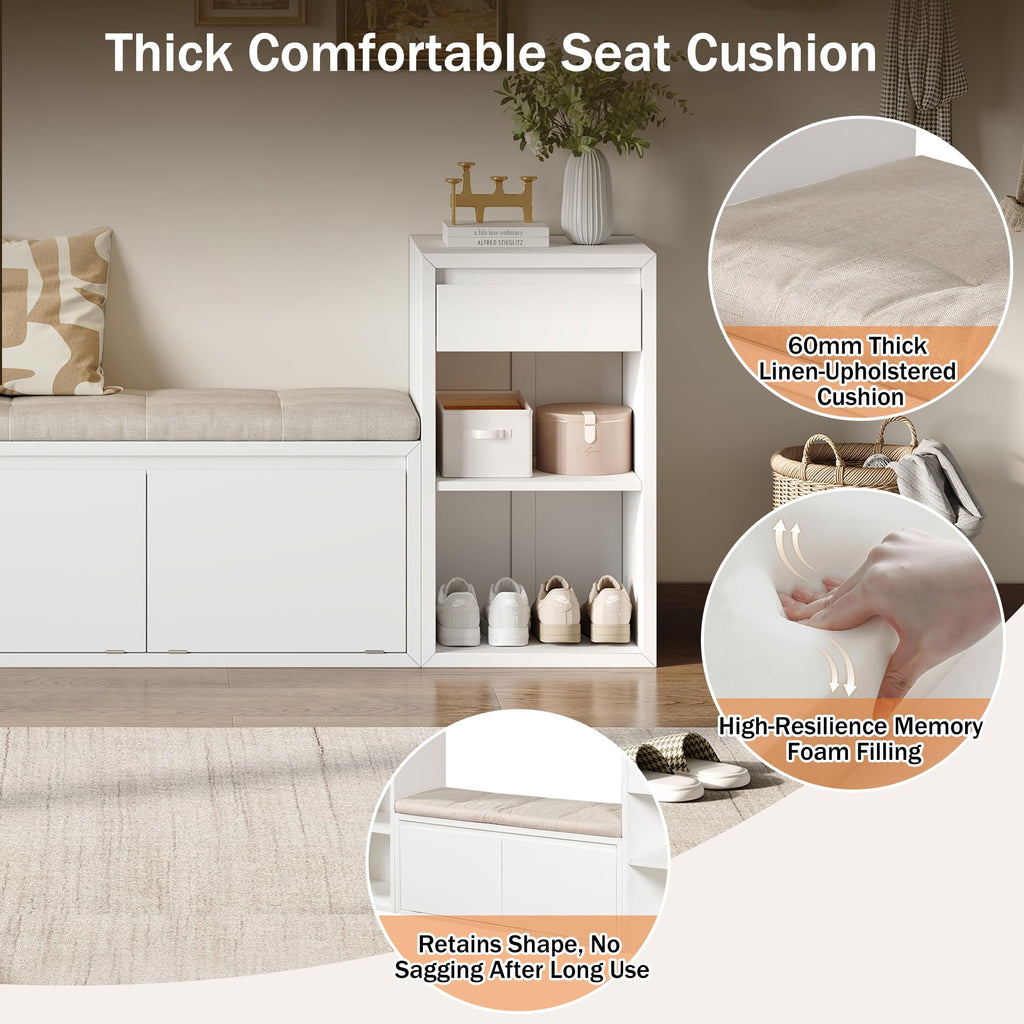 All-in-One Entryway Storage Bench with Cushion, Compartments, Drawers and Open Shelves, Farmhouse Storage Bench