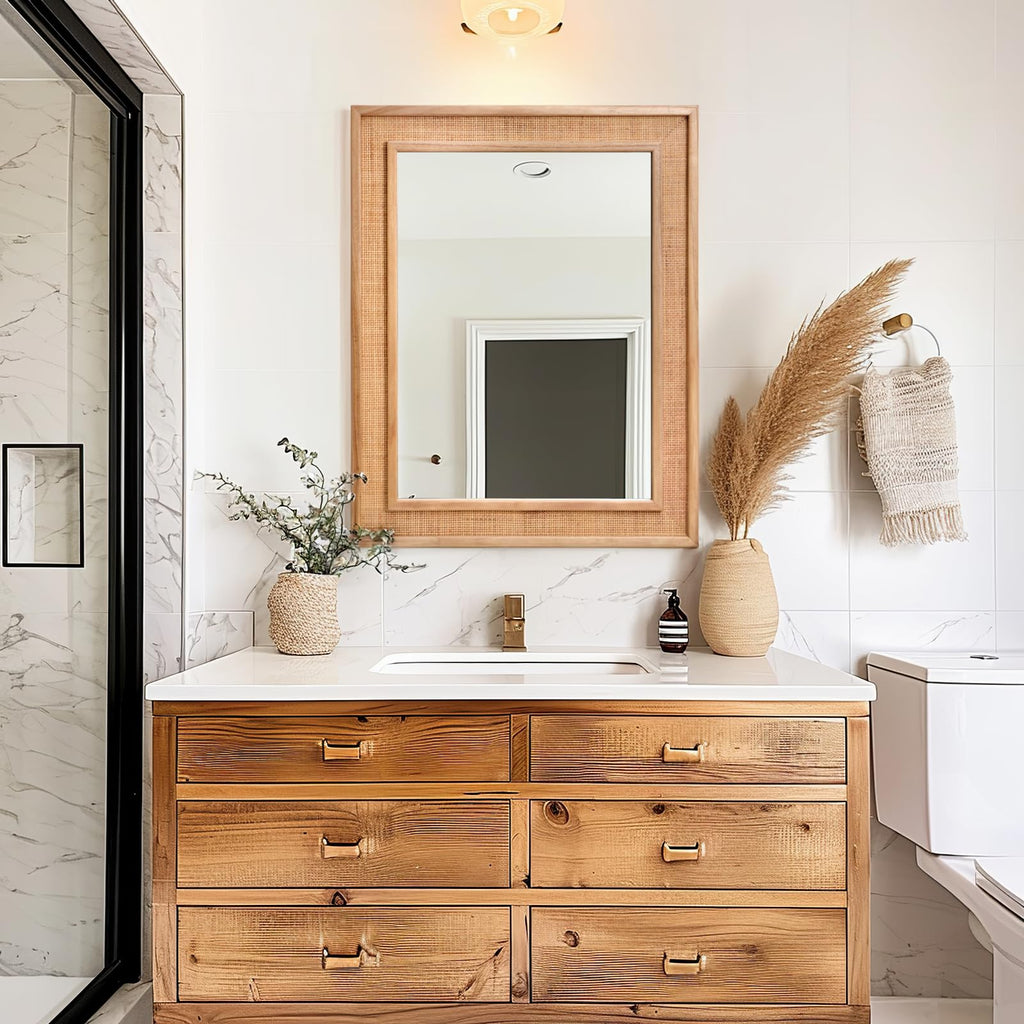 Rectangle Rattan Mirror, 30"x40" Rattan Wall Mirror, Large Farmhouse Wooden Mirror with Handmade Wicker Frame