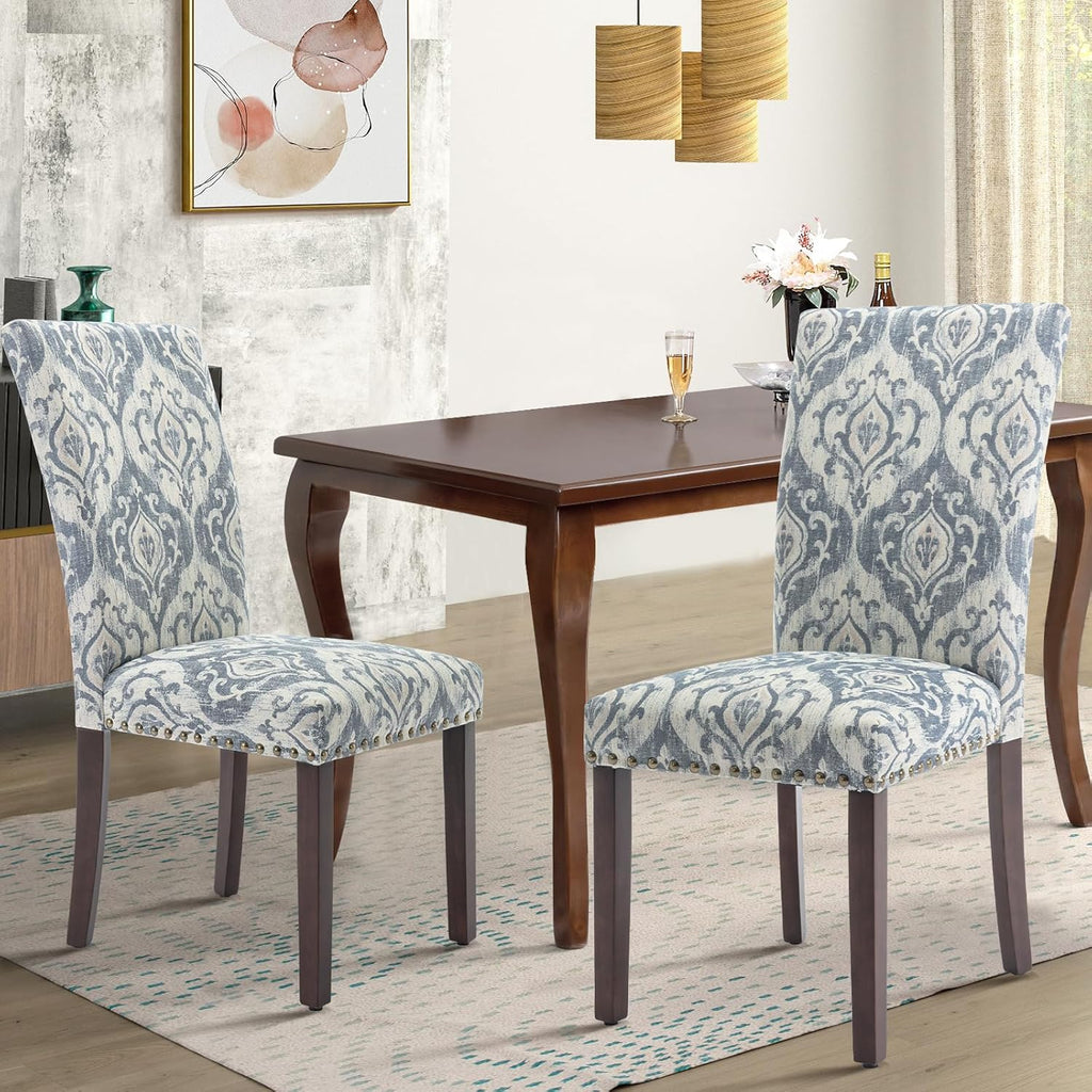Upholstered Parsons Dining Chairs Set of 2, Fabric Dining Room Kitchen Side Chair with Nailhead Trim and Wood Legs