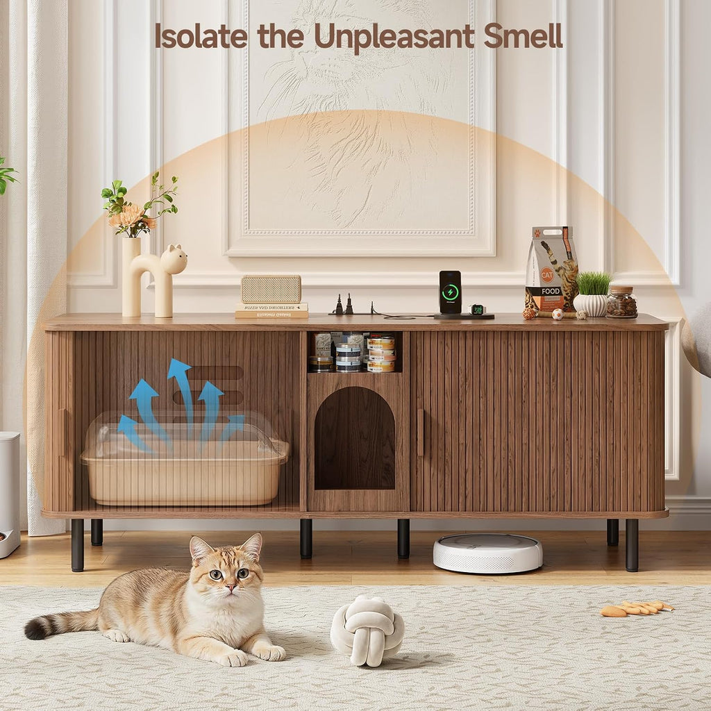 65 Inches Cat Litter Box Enclosure for 2 Cats, Walnut
