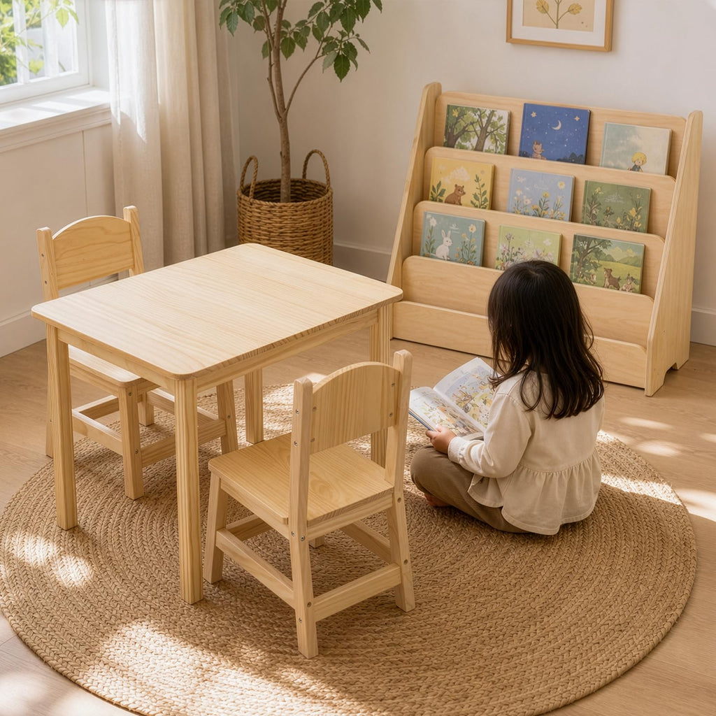Solid Wood Toddler Table and 2 Chairs Set, Preschool Table