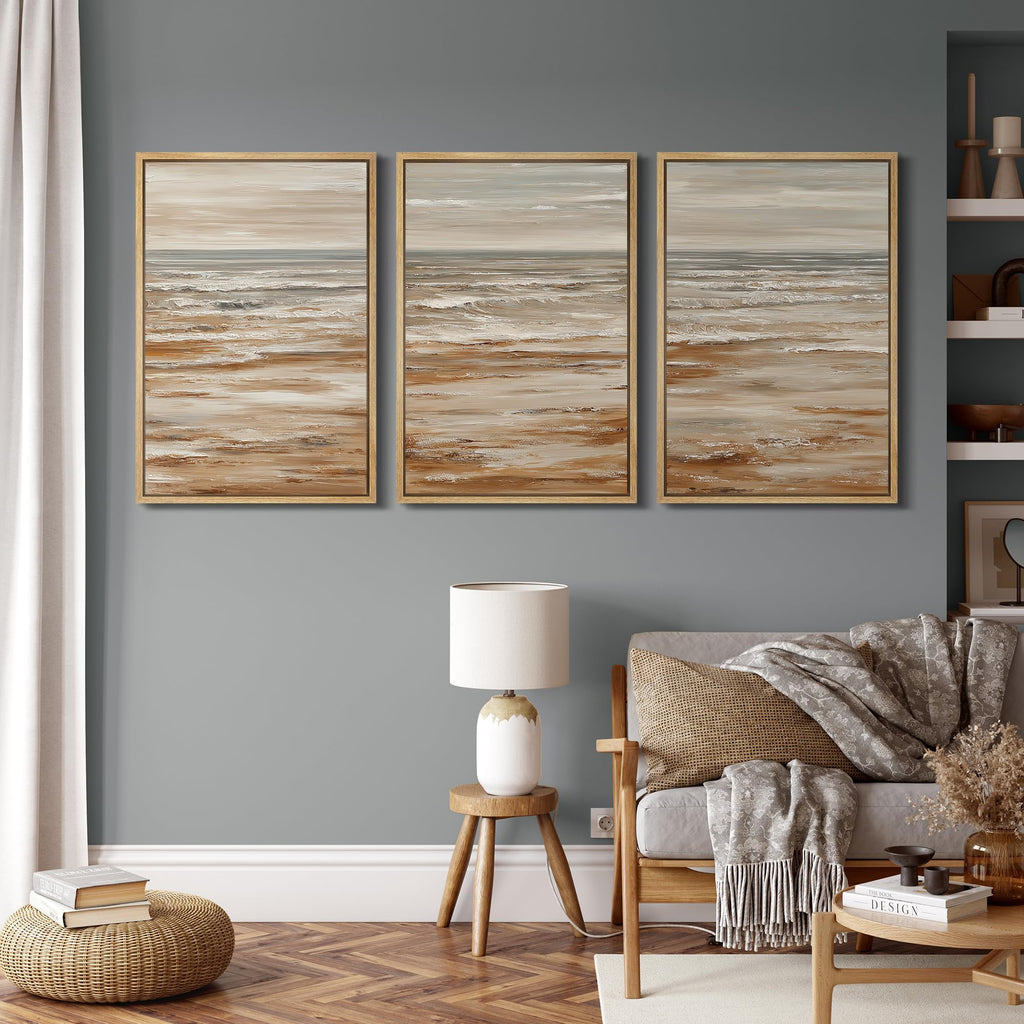 Framed Wall Art Print Set Neutral Coastal Seascape Minimalist Ocean Waves and Sandy Shore Illustrations Modern Art