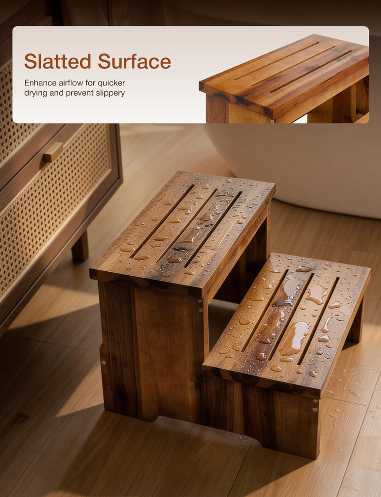 16.5" Acacia Wood Long Step Stool for Adult, 300LBS (Patent Pending)