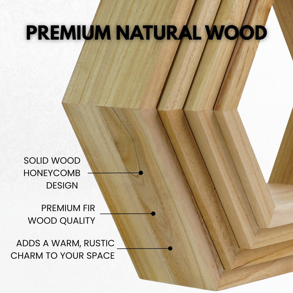 Hexagon Floating Shelves Set of 4 - Solid Wood Wall Mounted Shelves - Honeycomb Geometric Display Shelves - Natural