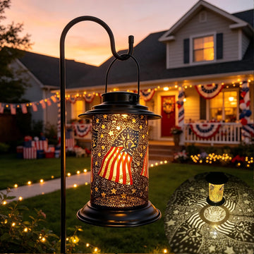 Patriotic Solar Lantern Outdoor American Flag Pattern with Shepherds Hook