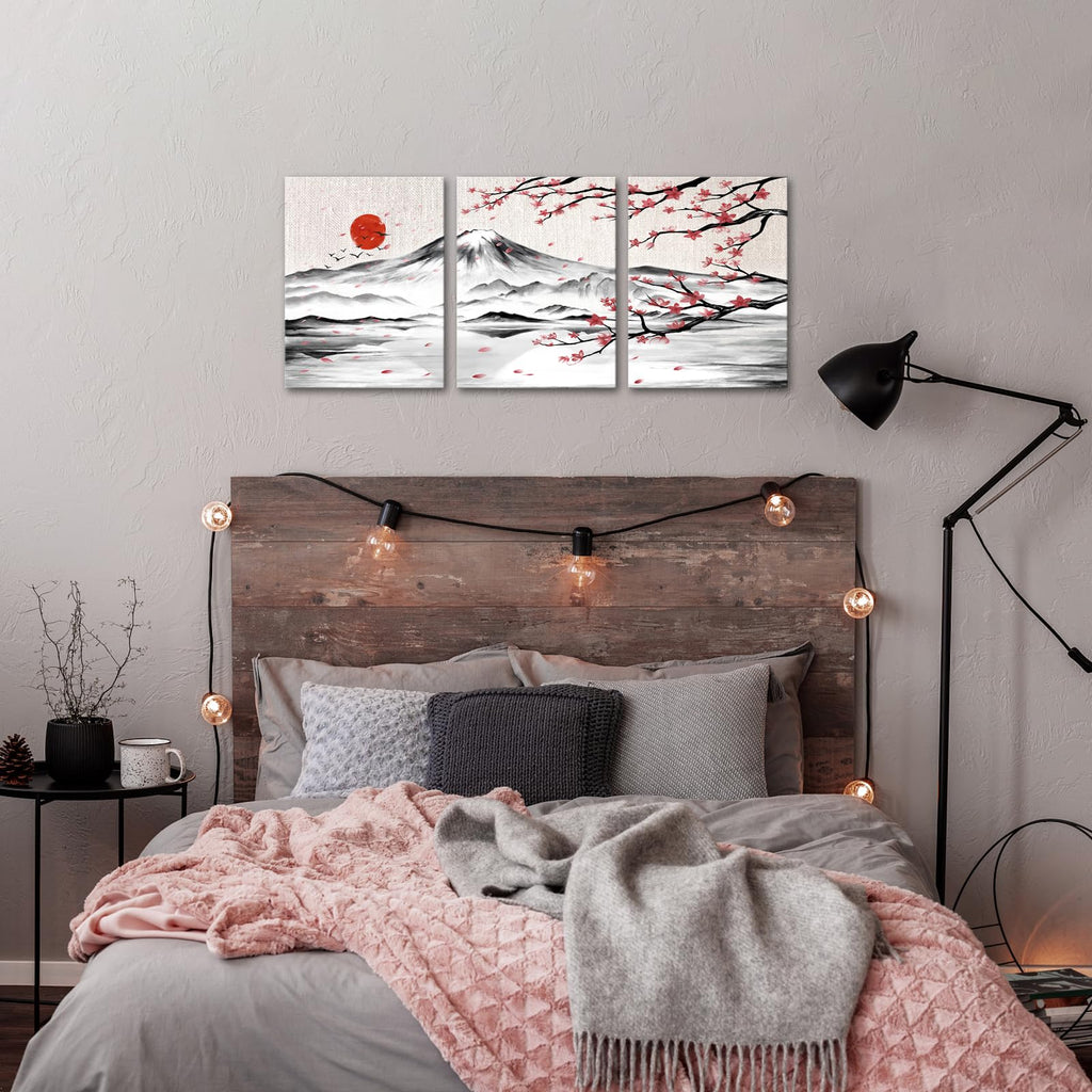 3 Pieces Japanese Cherry Blossom Mount Fuji Canvas Wall Art Black White Pink Floral Wash Painting Wall Decor Bedroom