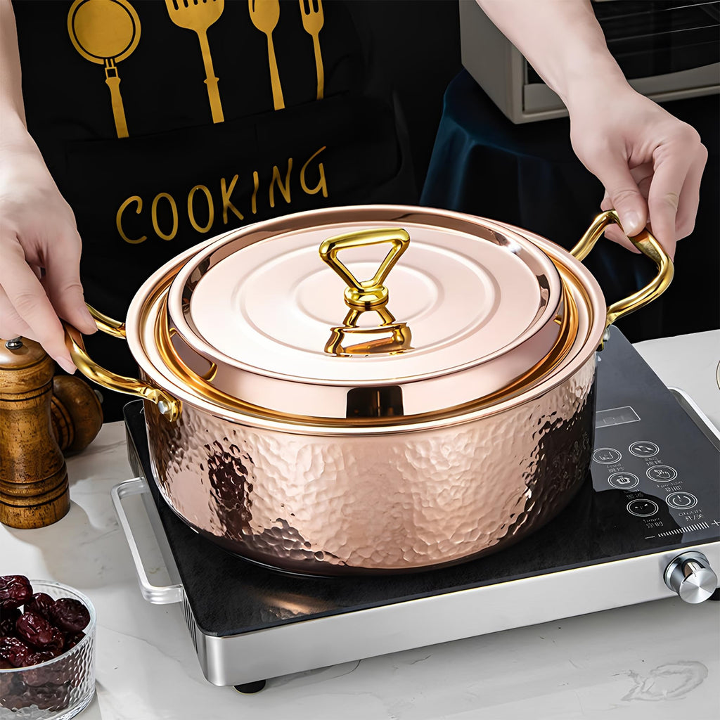 4.2QT Hammered Stock Pot with Lid, Copper Cooking Pot