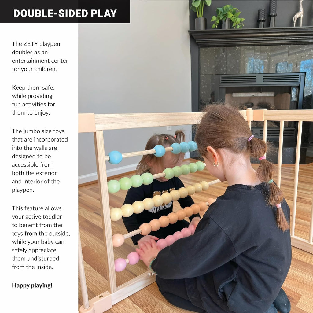 Natural Wood Baby Playpen - 8 or 10 Panel Foldable Play Yard with Door Panel and Built-in Toys, CPC Certified & SGS