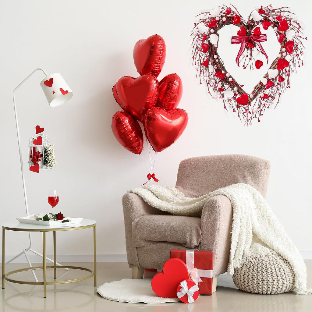 17in Valentine's Day Heart Wreath with Berry Red Heart Wreaths Handmade Valentines Day Wreath with Silk Bow Red Pink