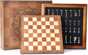 Wooden Chess Board Set with Pieces Storage for Adults Kids, 12.5 Inch Chess Set with Metal Pieces, Unique Chess Game