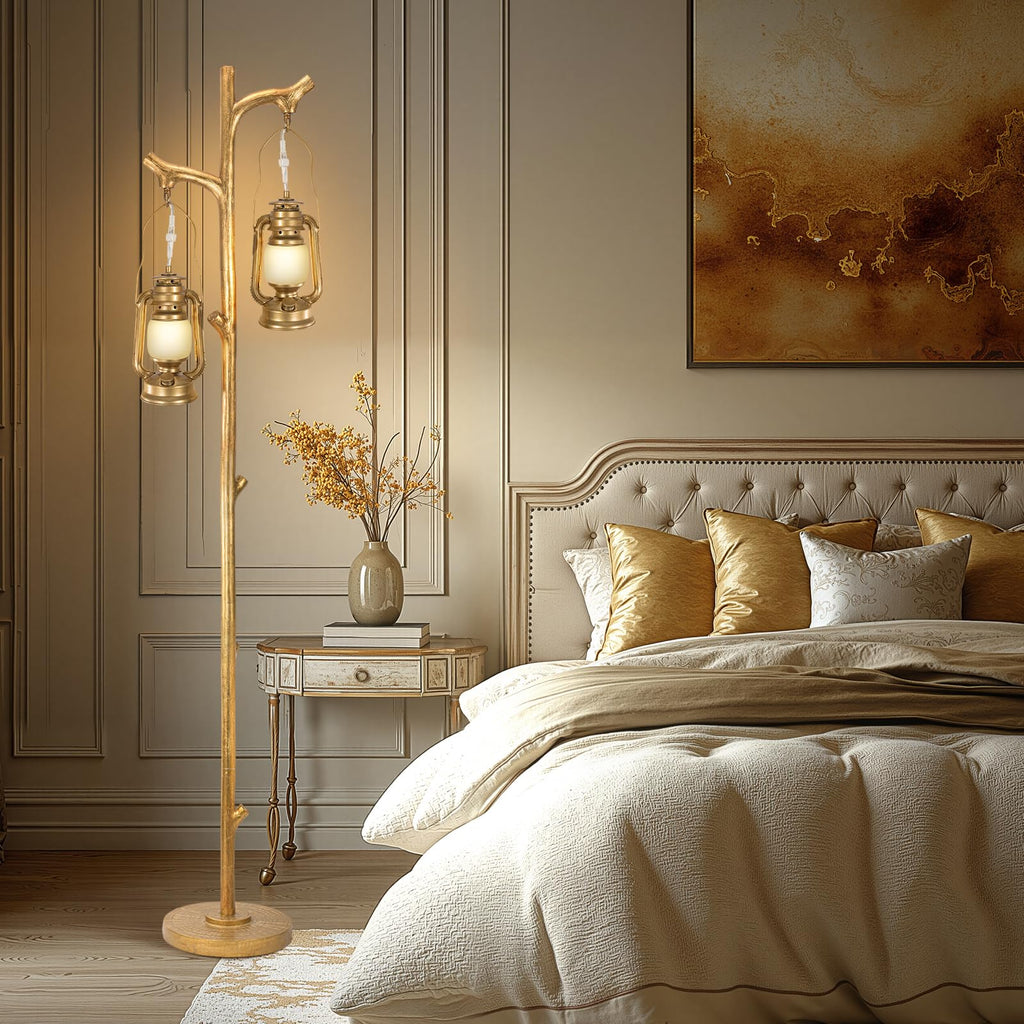 68" Tall Gold Floor Lamp with Lanterns, Dimmable Brightness