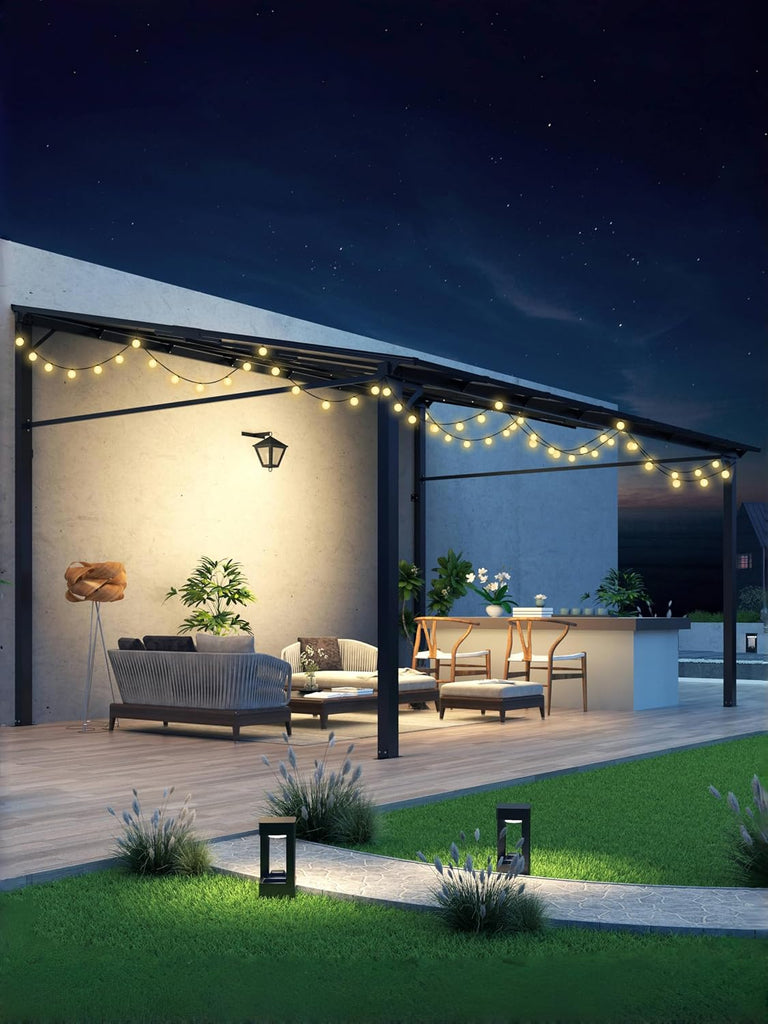 12' x 14' Hardtop Lean-to Gazebo, Wall-Mounted Aluminum Pergola with Polycarbonate Roof – Black