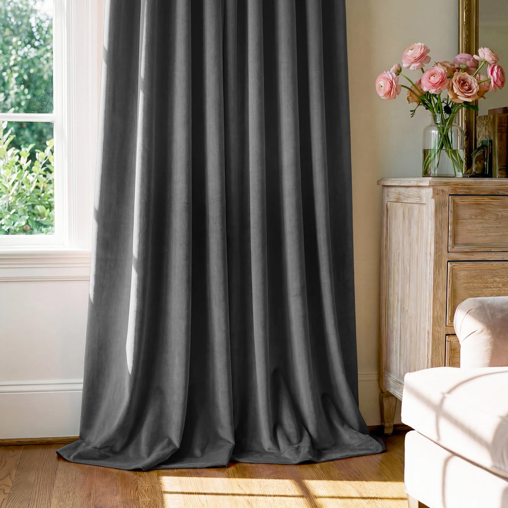 Grey Velvet Curtains Room Darkening, W52xL100, 2 Pcs