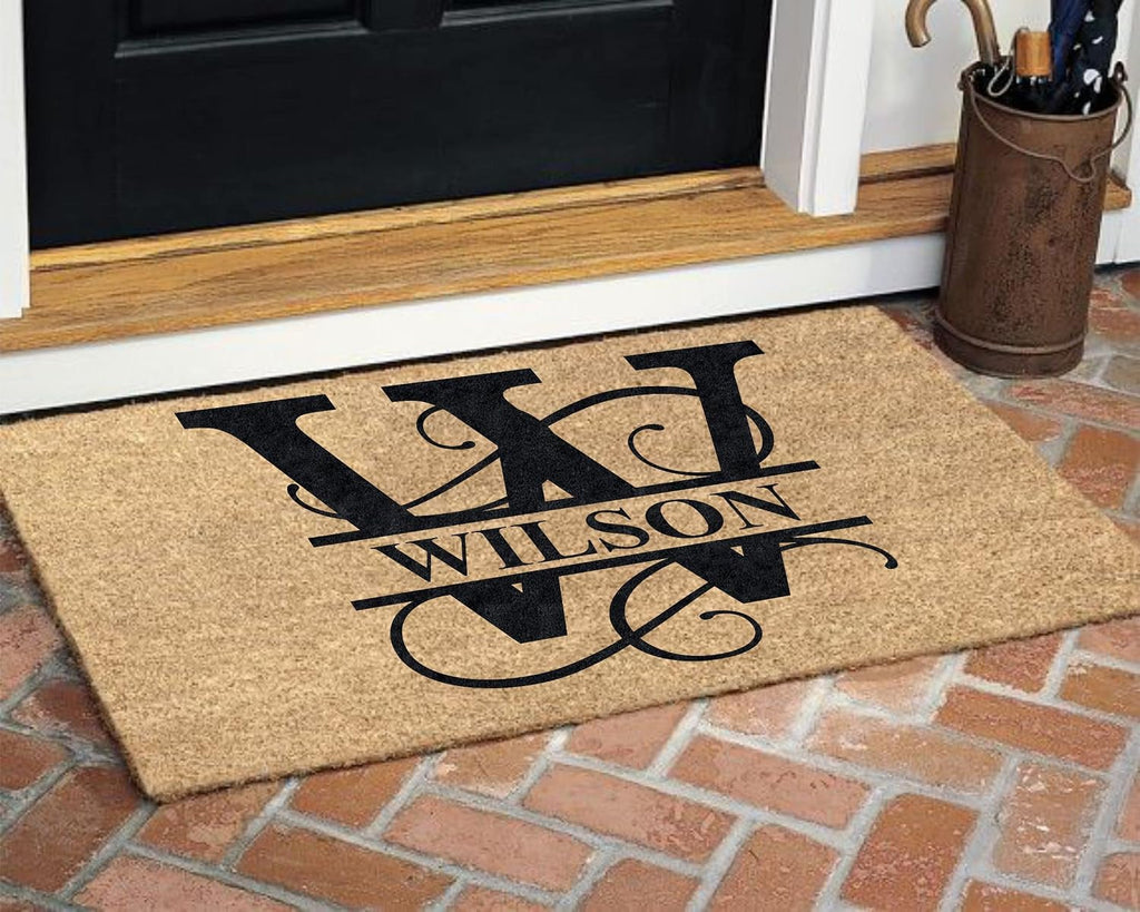 Personalized Split Monogram Coir Doormat 24x36 - Custom Front Door Mat | natural coconut husk, 3/4in thick, printed