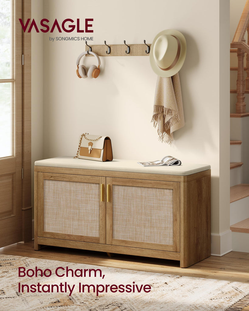 Boho Shoe Bench with Cushion, 2 Rattan-Look Cabinet Doors
