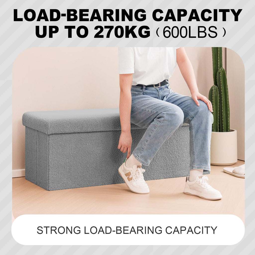 Folding Storage Ottoman Bench, Grey Boucle Square