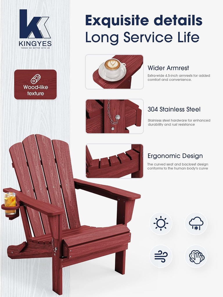 Folding Adirondack Chair Set of 4 with Cup Holder, Red | HDPE All-Weather Patio Chairs, Wooden Textured Lawn Chair