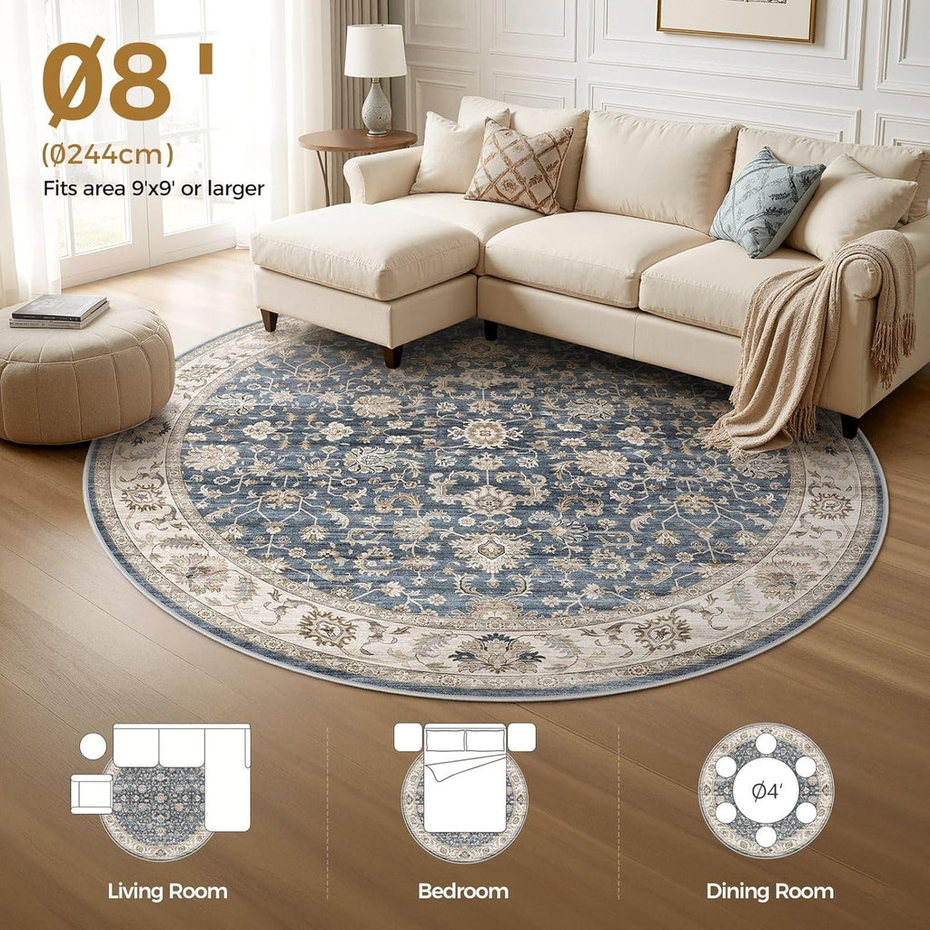 8ft Round Area Rugs for Living Room: Non-Slip Washable Vintage Soft Large Circle Rug - Soft Low Pile