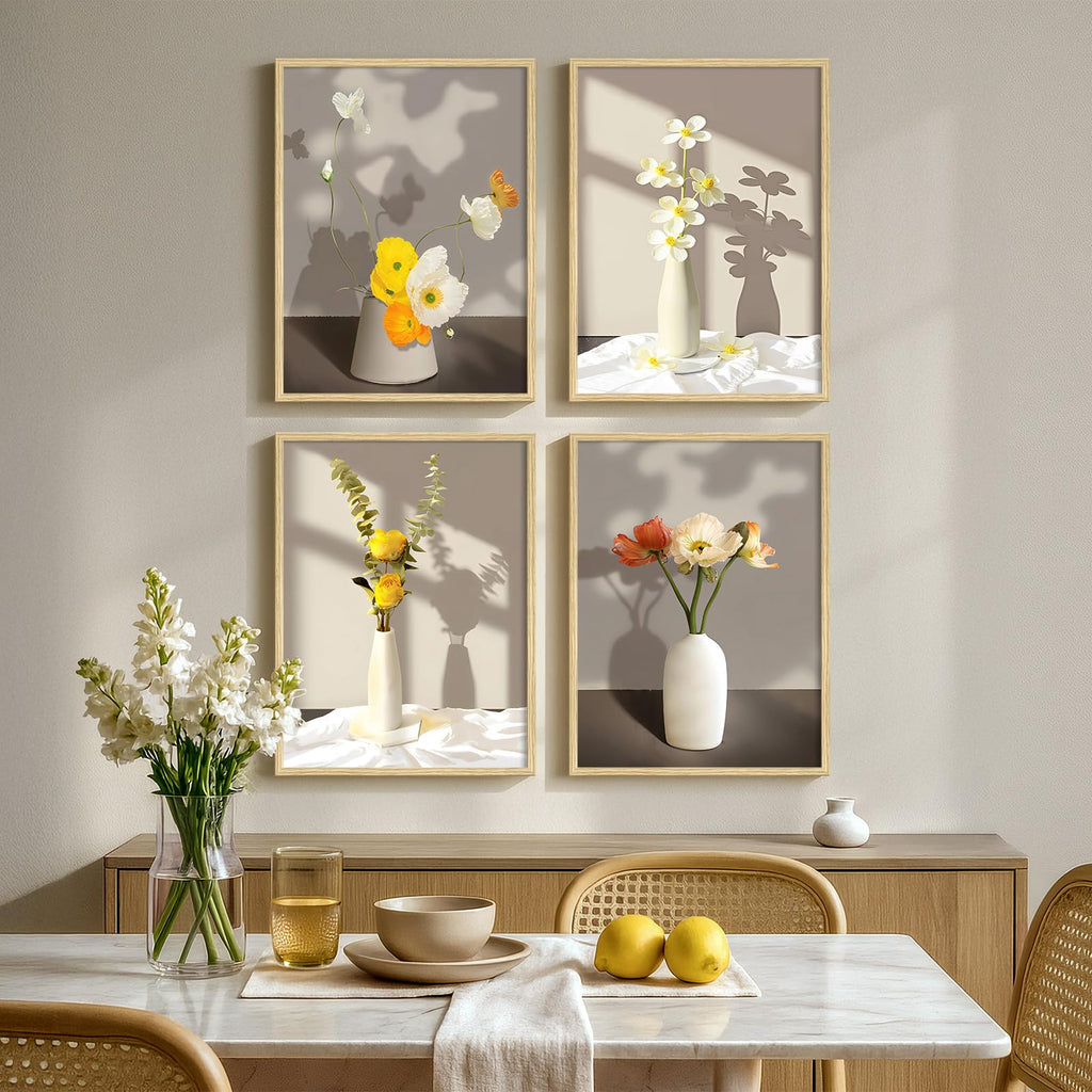 Framed Botanical Floral Wall Art, 4 Piece Yellow Flower Canvas Painting Prints Artwork for Walls, Modern Elegant