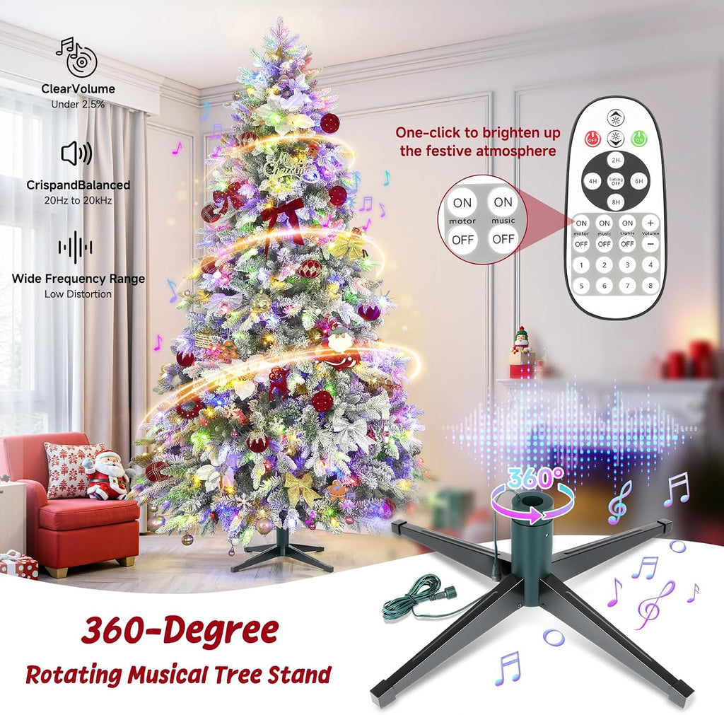 9FT Snow Flocked Christmas Tree with 600 Pre-Lit LED Lights, 8 Lighting Modes, 360° Rotating Musical Base, Full