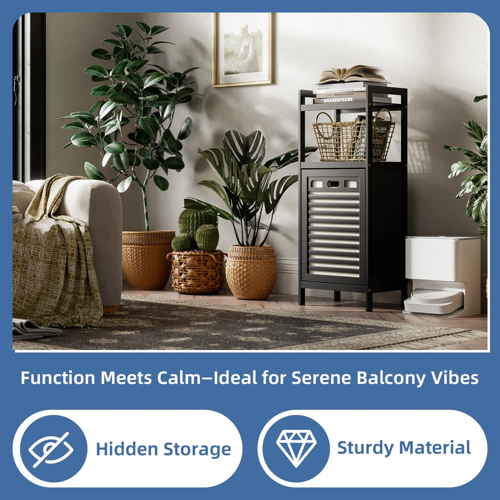 Tilt Out Laundry Hamper, Bamboo Bathroom Cabinet with Pull Out Removable Bag and 2 Tier Storage Shelves, 10 Gal