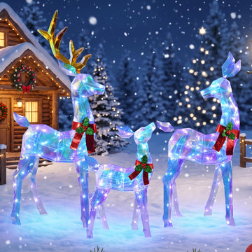 2.5D 48 Inch Pre-Lit Christmas Deer Decorations Outdoor, 3 Pack Lighted Reindeer with 145Warm White LED Lights, Gold