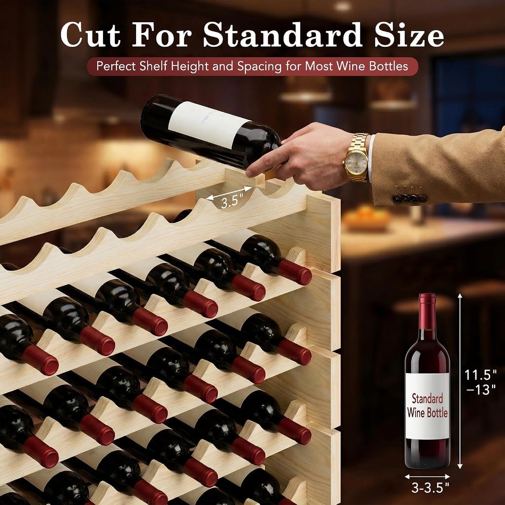 96 Bottles Stackable Modular Wine Rack, 8-Tier Wooden Wine Storage Rack Freestanding Wine Holder Display Shelves