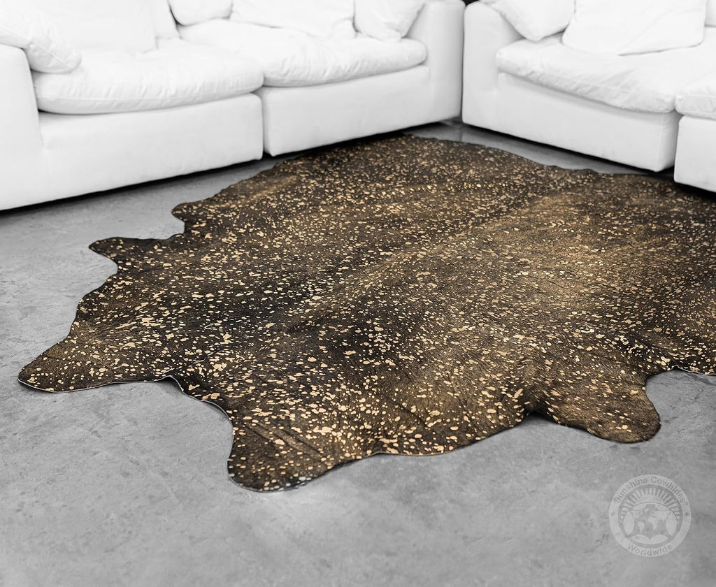 100% Genuine Metallic Gold on Dyed Black Cowhide Rug - Modern Style Brazilian Animal Skin Rug & Floor Carpet & More