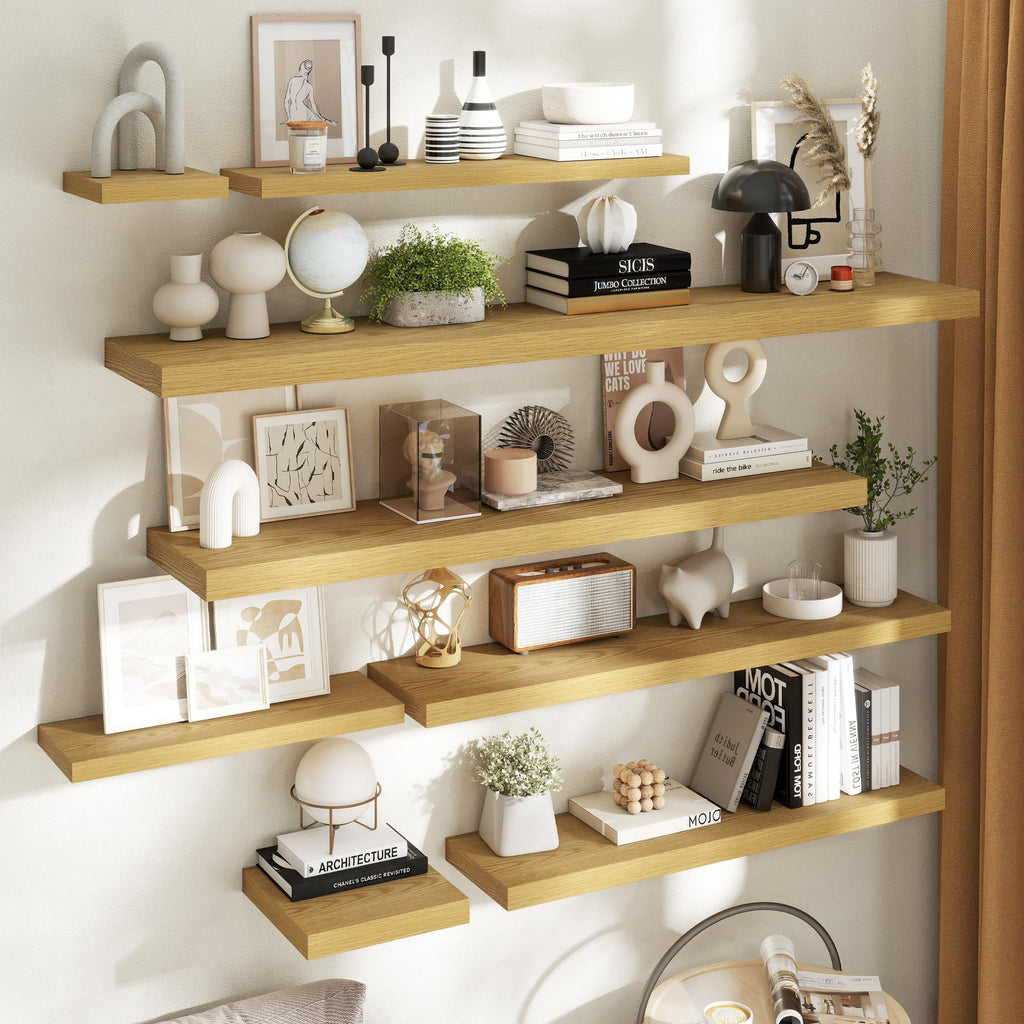 72 Inch Floating Shelves, 12"Deep Wall Shelf, 80 Lbs Capacity, Oak, 2pcs