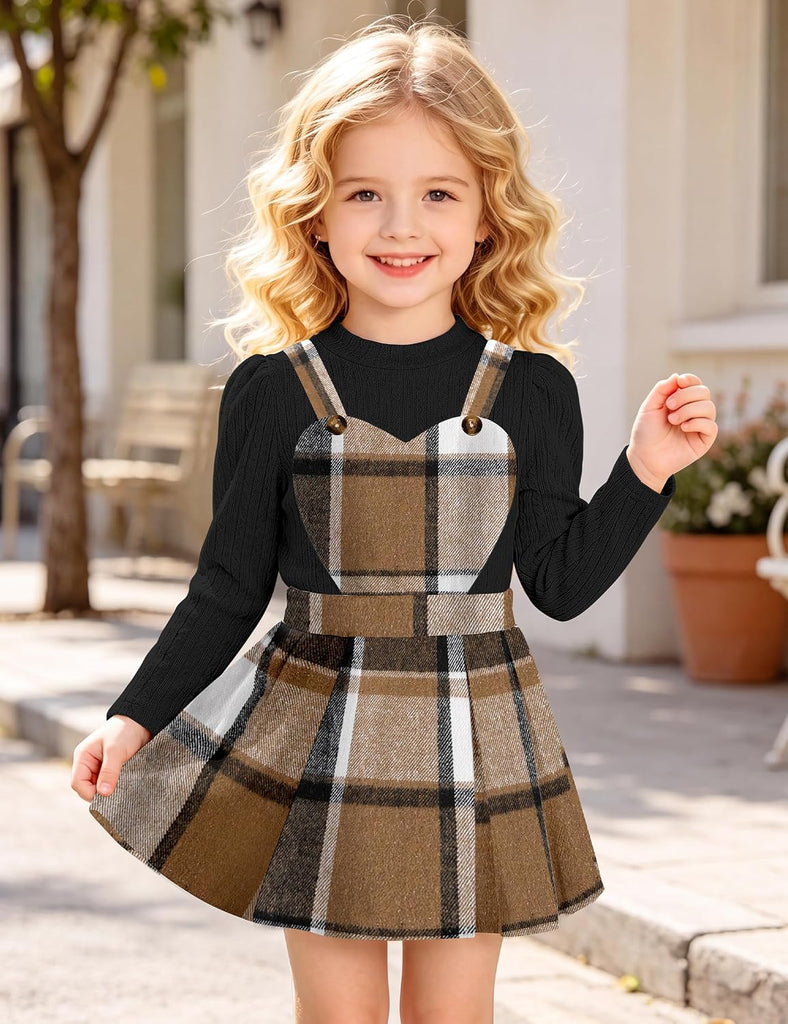 Toddler Girl Plaid Outfits Knit Ribbed Tops Heart Suspender Skirts