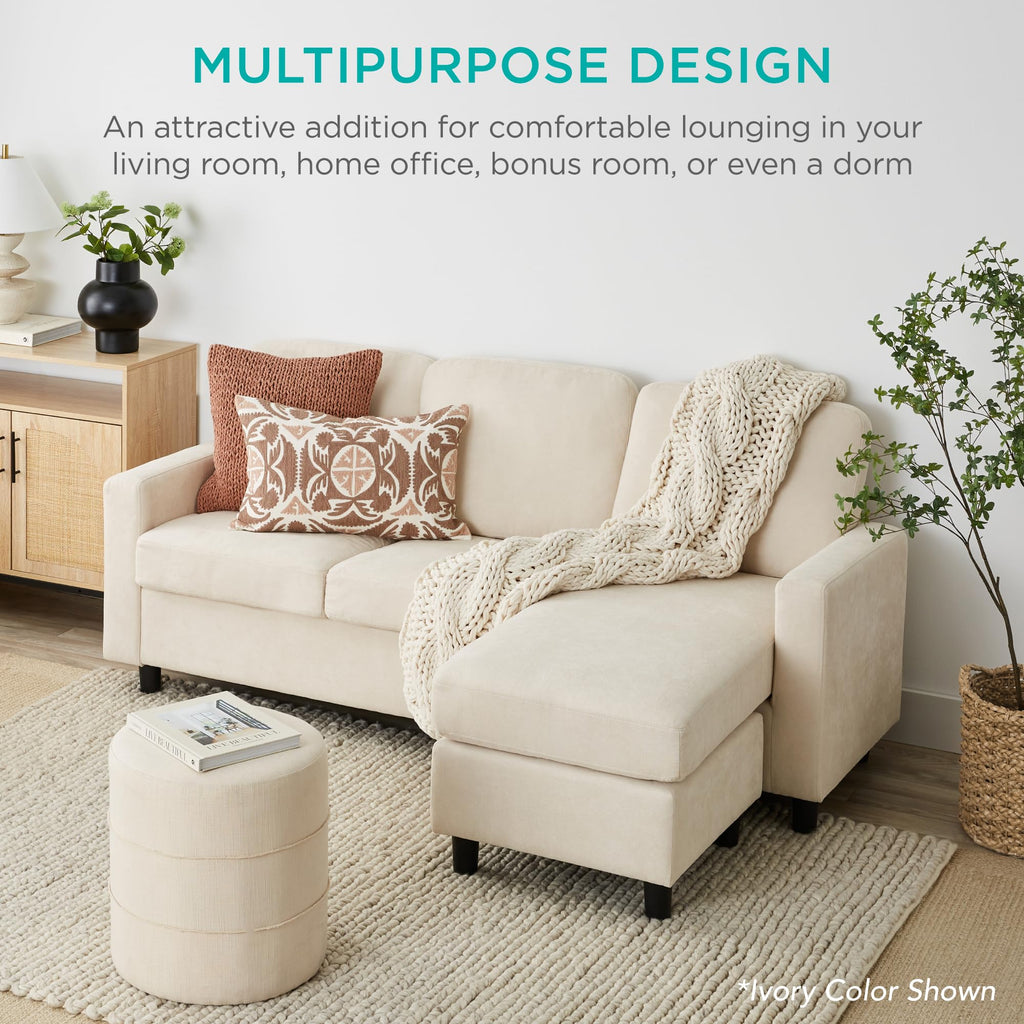 Upholstered Sectional Sofa, Bonus Room, Compact Spaces w/Chaise Lounge, 3-Seat, L-Shape Design, Reversible Ottoman
