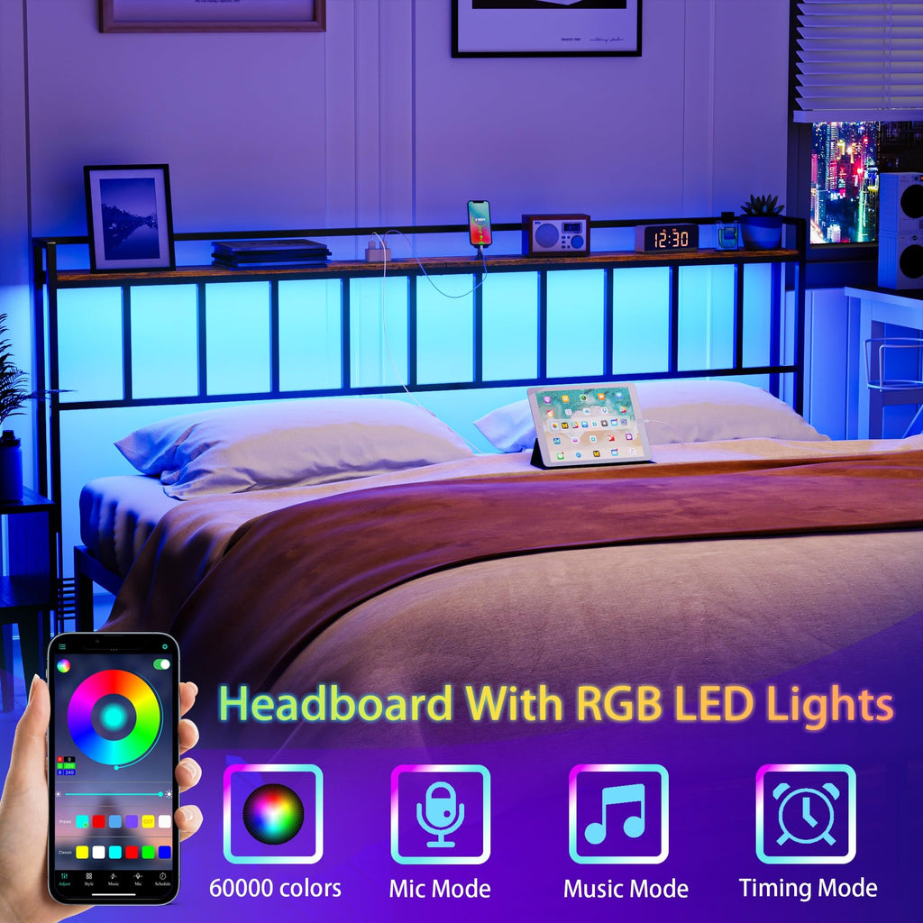 Headboard, Headboards with LED Light, Outlets and USB Ports, Head Board with Storage Rack, Sturdy and Stable