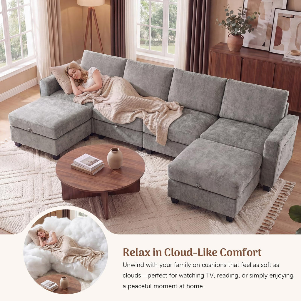 Redlife 127" U-Shaped 6-Seater Modular Sectional Sofa with 2 Ottomans
