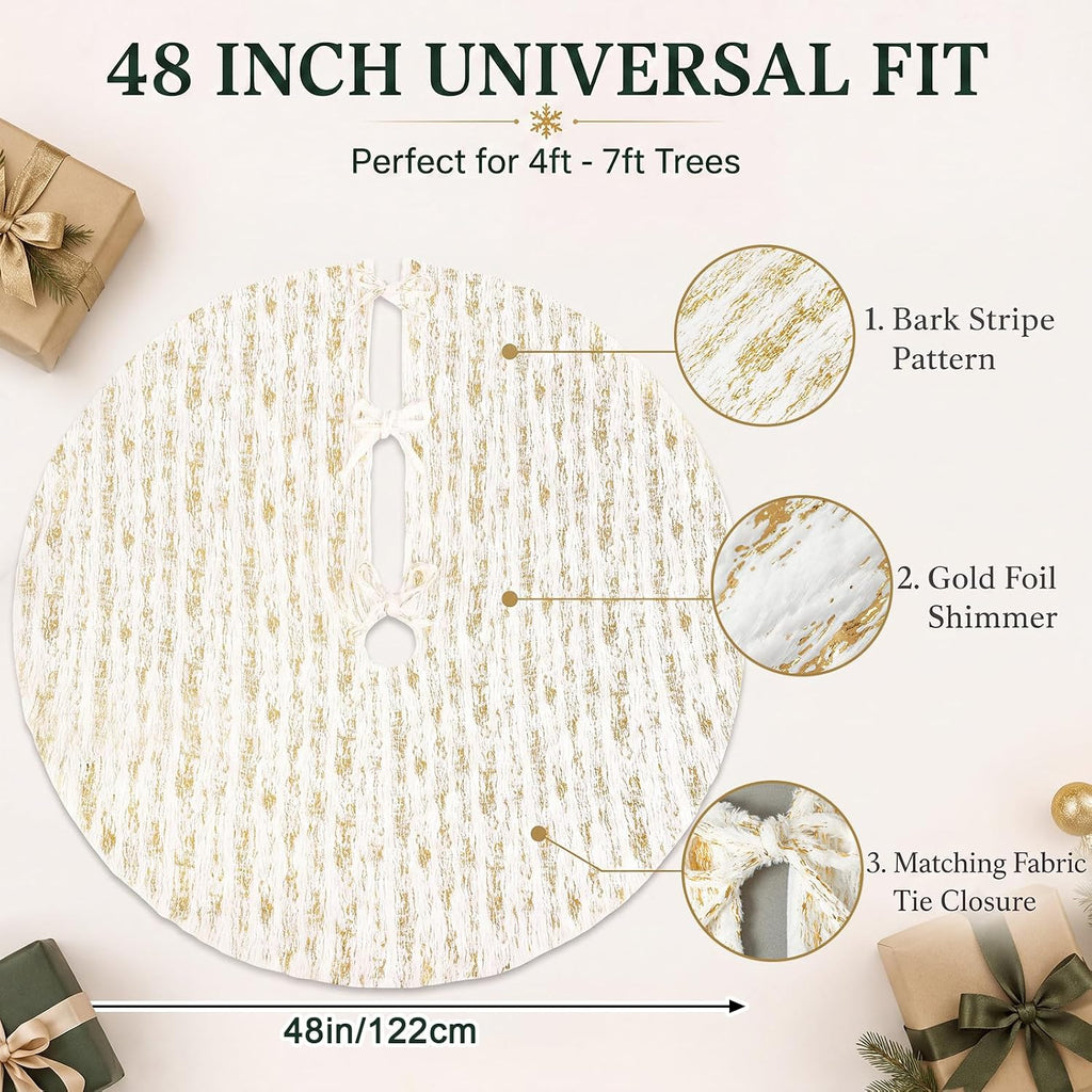 48 Inch Christmas Tree Skirt with Bows, White Faux Fur Golden Stamping on