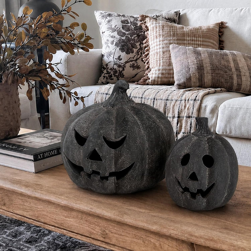 Halloween Decorations - Black Handmade Terracotta Jack O Lantern Pumpkin