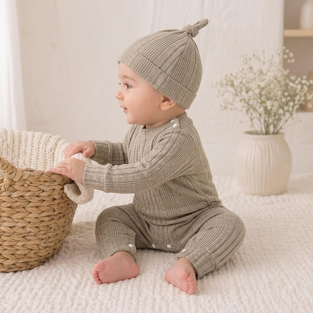Baby Girl Ribbed Romper Hat Set Long Sleeve Infant Fall Outfit