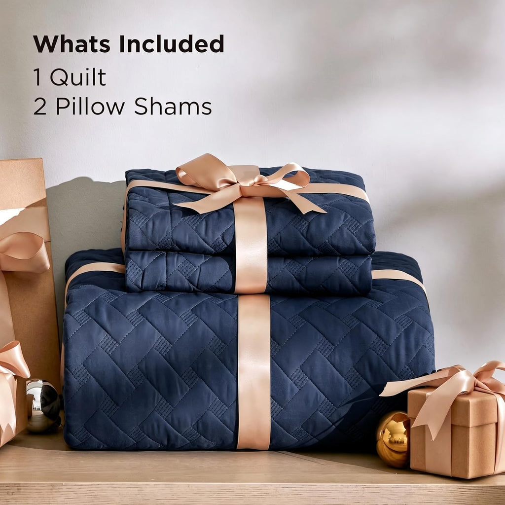 Quilts Queen - Lightweight Bedspreads Queen with Basket Weave Pattern, Soft Quilt Bedding Set, Navy Comforter Set