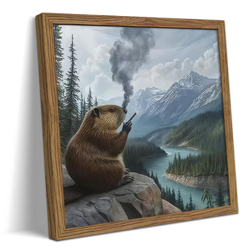 Framed Funny Smoking Beaver Canvas Wall Art, Surreal Mountain River Animal Poster Print Picture, Whimsical Wilderness