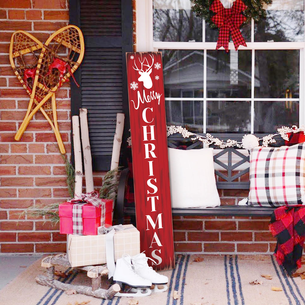 Merry Christmas Welcome Sign for Front Porch Standing, Snowflake Elk Wooden Porch Sign for Xmas Front Door