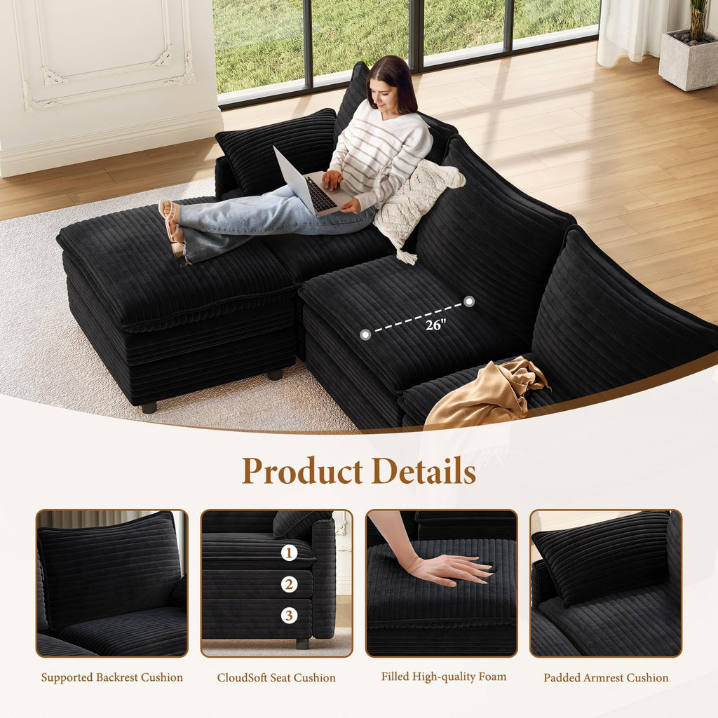 142" Cloud Sleeper Couch Living Room, Sectional Sofabed, Black