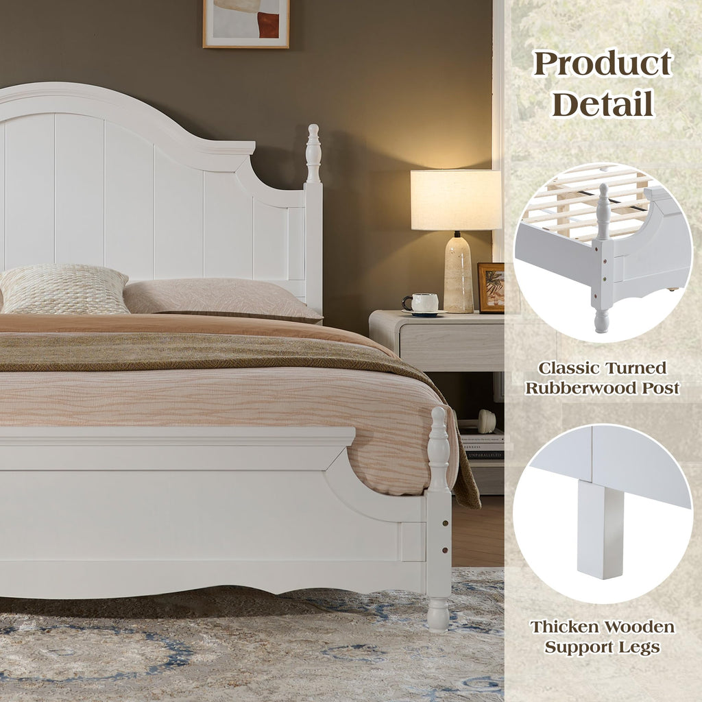Solid Wood Poster Bed, 55" Arched Headboard, White