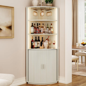72" Tall Corner Bar Cabinet with LED Light, Liquor Cabinets, White
