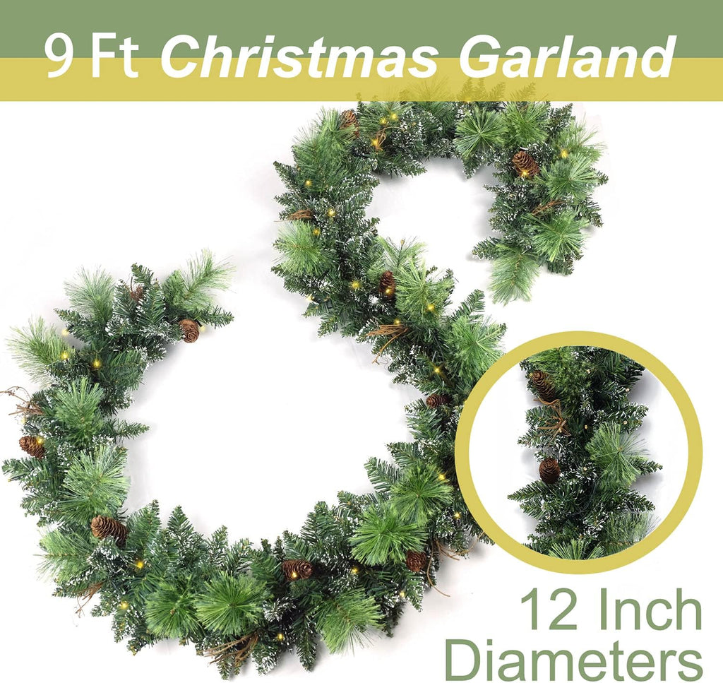 Christmas Garland Prelit 9 Ft Battery Operated with 50 Led Lights, Pine Cone and Snow Style Xmas Garland, Christmas