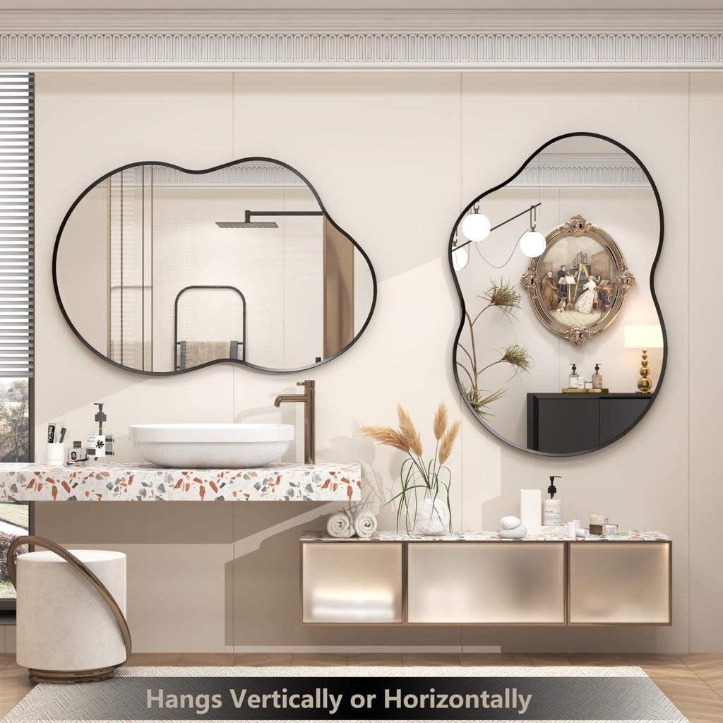 48x27 Black Irregular Mirror, Matte Asymmetrical Bathroom Mirror